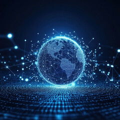Obraz premium Digital globe with glowing lines and dots on dark background