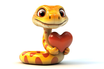 Fototapeta premium Playful cartoon snake holding heart, showcasing cheerful expression. This vibrant character embodies joy and affection in whimsical design
