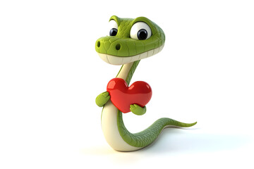 Fototapeta premium Playful cartoon snake with no legs holding red heart, expressing joy and affection. This charming character brings whimsical touch to any design