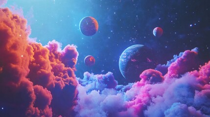 Dreamlike cosmic landscape with vibrant clouds and planets.