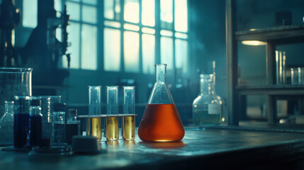 Laboratory with beakers and test tubes filled with colorful liquids