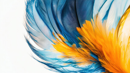 Colorful feather in shades of blue and yellow on white background