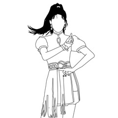 Line art illustration of a woman striking a pose,wearing a fashionable outfit with accessories, emphasizing elegance and confidence in modern design and style, suitable for various professional design