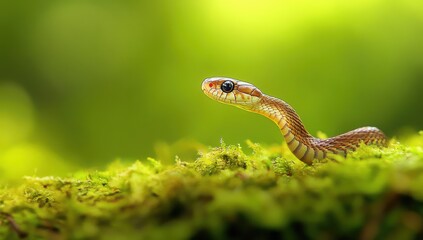 Obraz premium Small Colorful Snake Slithering on Green Moss in a Lush Natural Environment, Capturing Its Intricate Patterns and Vibrant Colors Amidst a Soft Background Blur