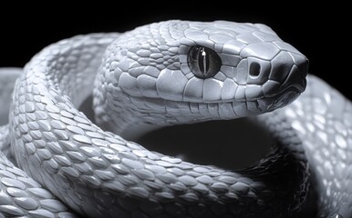 Fototapeta premium Striking Close-Up of a Serpentine Creature with Glossy Scales and Piercing Eyes Against a Dark Background, Evoking Mystery and Intrigue