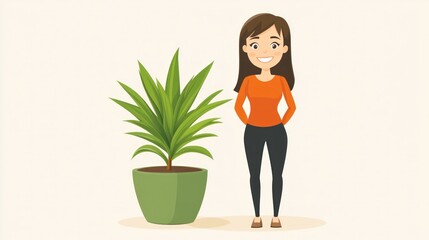 Happy woman standing beside a potted plant.