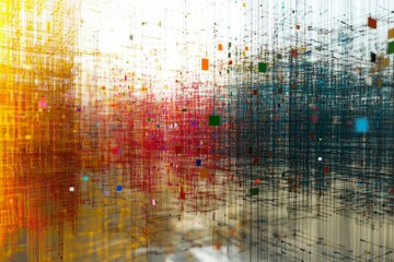 Explore a vibrant abstract artwork showcasing a dense conceptual data structure with colorful geometric forms and lines, creating a dynamic visual experience.
