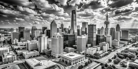 Dallas City Skyline Drone Line Art Black and White