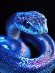 Stunning Close-Up of a Vibrant Blue Snake with Captivating Scales and Intricate Patterns on a Black Background in High Definition