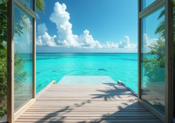 Fototapeta premium Beautiful tropical view from a serene deck overlooking clear blue waters