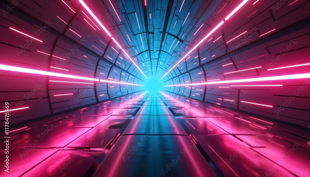Poster Futuristic tunnel with glowing neon light. Abstract tech design. Fast speed effect. Empty space. Reflective floor. Virtual reality scene. Cyberpunk style. High-tech background. Mock-up. Neon pink,