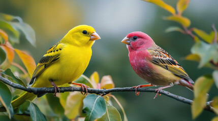 Fototapeta premium yellow canary and red finch perched on branch in garden
