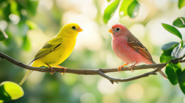 Yellow canary and red finch perched on branch in sunlight