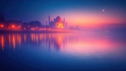 Naklejka premium Serene dawn at the Taj Mahal, reflecting beauty and tranquility on the water.