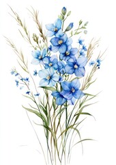 Obraz premium Small bouquet of Delphiniums in grass art illustration watercolor.