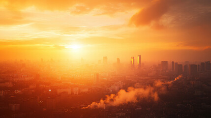Obraz premium Sunset over hazy industrial city skyline with air pollution