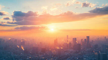 Sunset over hazy industrial city skyline with air pollution