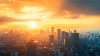 Fototapeta premium Sunset over city skyline with air pollution and industrial haze
