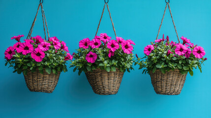Three hanging baskets with vibrant pink petunias against blue wall