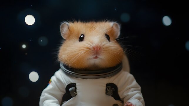 A hamster in an astronaut suit, with a dark space and stars in the background