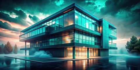 Dark Teal 3D Architectural Render, Foggy Clouds, Exterior