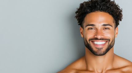 Obraz premium Friendly man with curly hair and bright smile against gray background