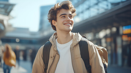 Fototapeta premium happy young man is walking in the city, carrying his backpack and smiling at something he sees ahead of him