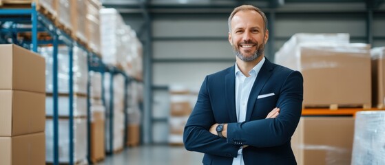 Confident Businessman Smiling in Warehouse with Cardboard Boxes in Background During Daylight Setting