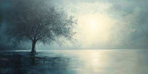 A tranquil landscape showcasing a solitary tree by water, bathed in gentle light. The subtle background creates a serene atmosphere perfect for relaxation.