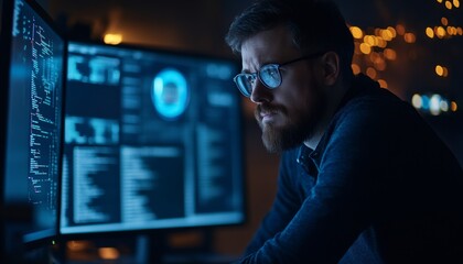 Fototapeta premium Cybersecurity action network protection with encryption and firewalls office environment night view