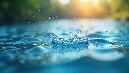 Blurred water surface shows beautiful splash. Natural water textures, light create tranquil summer scene. Relaxing abstract design for vacation concept. Soft blue shades make ideal for wallpaper