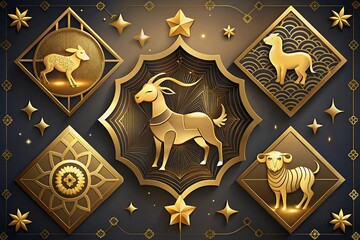 golden stars with dragon scales and phoenix feathers in vibrant red and gold, displayed on a black background