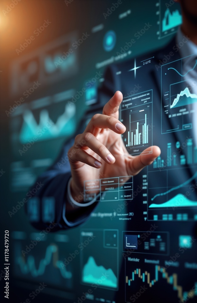 Aufkleber Businessman interacts with virtual tech interface. Hand touches interactive display. Futuristic graphs, data analysis displayed. Business presentation concept. Modern interactive business tech