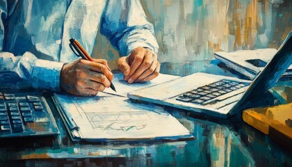 Data entry and bookkeeping process in office environment digital ledger management