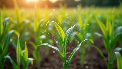 Closeup view of plant in field with holographic data overlays. Futuristic tech monitors plant health in modern farming scene. Sustainable eco-friendly agronomy. Advanced digital display shows data on