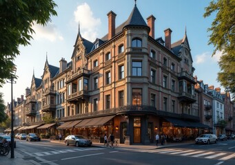 Fototapeta premium Elegant historical building with restaurants and shops in a bustling city center
