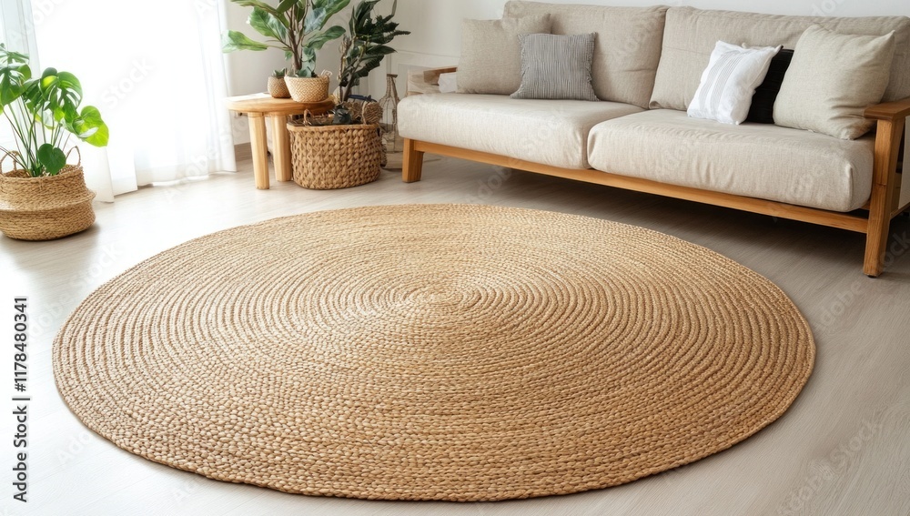 Wall mural Round jute rug in modern living room.