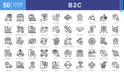 B2C icon collection set. Containing business model, customer, service, selling, product, direct selling, retailer icon.
