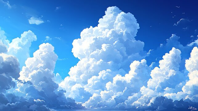 A bright blue sky with fluffy white clouds, creating a beautiful and peaceful atmosphere.