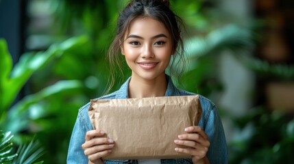 Fototapeta premium Smiling young woman holding a wrapped package in a natural green outdoor setting, symbolizing eco-friendly living, sustainable delivery, and positivity in everyday life.
