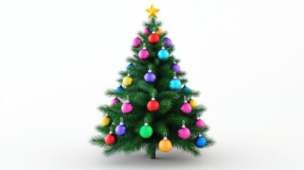 Obraz premium 3D-rendered Christmas tree with vibrant colored balls, isolated on a clear PNG background.