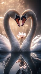 Naklejka premium Valentine's day concept. Double exposure style of two swans forming a heart shape, filled with shimmering water reflections and blooming lotus flowers