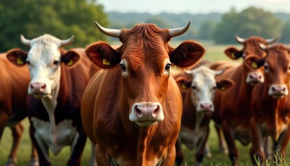 Brown, white cows stand in green pasture. Close-up of heads, front parts. Seem to grazing. Calm rural scene. Sunny day. Agricultural theme. Animal husbandry. Domesticated farm animals. Countryside