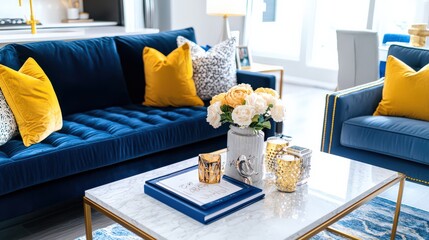A luxurious living room with velvet sofas, gold-accented decor, and a marble coffee table