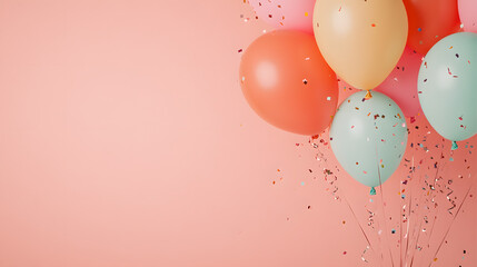 A festive scene featuring floating balloons in dynamic, bright colors, juxtaposed against a plain background with a smooth finish. Delicate ribbon curls and scattered confetti provide a lively