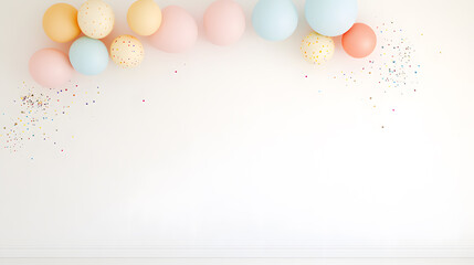A celebratory design with balloons in assorted sizes and colors, ranging from metallics to soft pastels, creating a playful arch effect against a clean backdrop. The scene is enhanced with sparkles