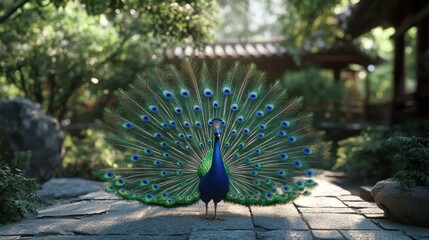 Obraz premium Colorful Peacock Displaying Feathers in Garden