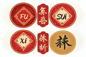 set of labels with dragon scales and phoenix feathers in vibrant red and gold, displayed on a black background