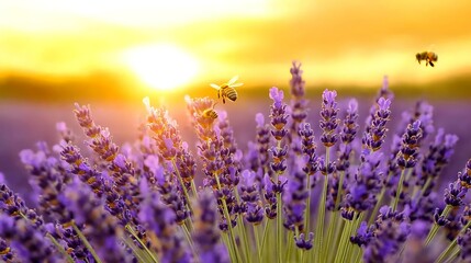 Fototapeta premium Bees pollinating lavender at sunset; idyllic rural scene; nature background; perfect for relaxation or nature themes.