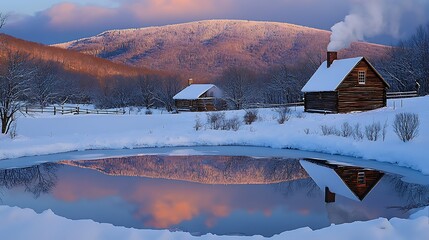 Winter sunrise over snowy cabins reflecting in a frozen pond.